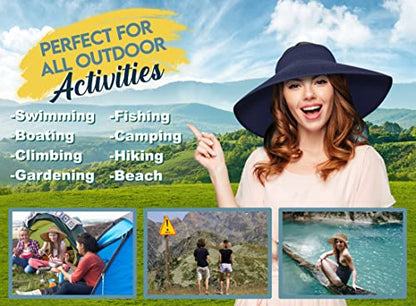 Straw Sun Visor for Women, Wide Brim UPF 50+ Protection Beach Hat, Adjustable, Roll Up Foldable Ponytail Cap with Chin Strap - color: Navy