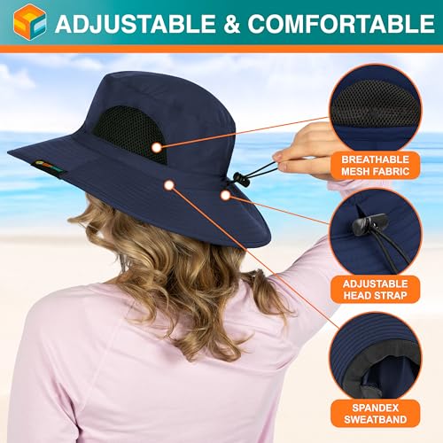 SUN CUBE Wide Brim Sun Hat for Men & Women, UPF 50+ UV Protection, Mesh Boonie Hat with Chin Strap, Fishing Hiking Hat - color: Navy