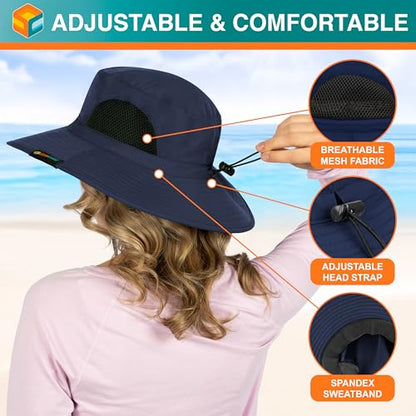SUN CUBE Wide Brim Sun Hat for Men & Women, UPF 50+ UV Protection, Mesh Boonie Hat with Chin Strap, Fishing Hiking Hat - color: Navy