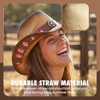 grinderPUNCH Straw Cowboy Hat for Men Women Western Cowgirl Outback Sun Hat - color: Leather