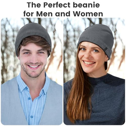 Wool Blend Ribbed Knit Beanie for Men Women, Double Layer Warm Winter Hat Beanies Skull Cap - color: Medium Grey