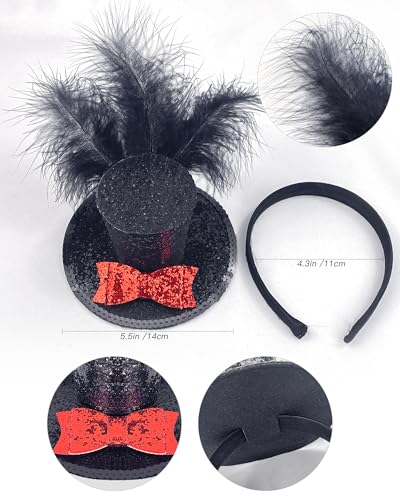 Black Mini Top Hat Headband Fascinator Feather Crazy Hat for Halloween Carnival Christmas Holiday Costume