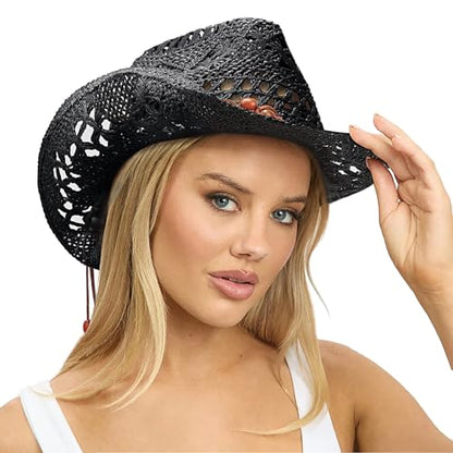 AQOKKA Straw Cowboy Hats for Women Men Western Cowgirl Hats with Shapeable Brim Woven Hollow Out Unisex Beach Roll Up Caps - color: Brown Beads Cowboy Hat : Black