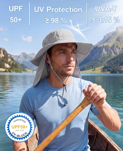 Home Prefer UPF 50+ Wide Brim Sun Hats with Neck Flap Sun Protection Hat for Men Women Gardening Fishing Summer Bucket Hat - color: Light Grey
