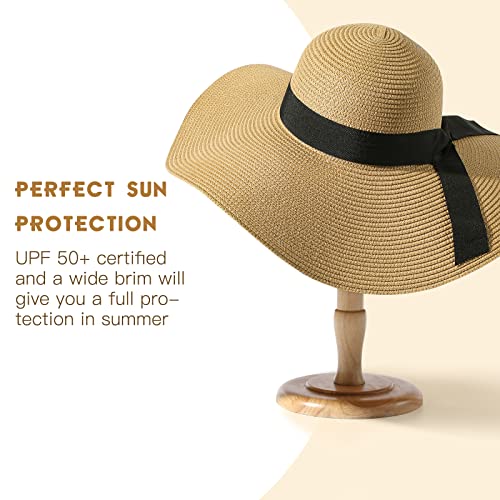 Beach Hat for Women, Wide Brim Sun Straw, UPF 50+ Foldable Floppy Sun Hat - color: B-khaki