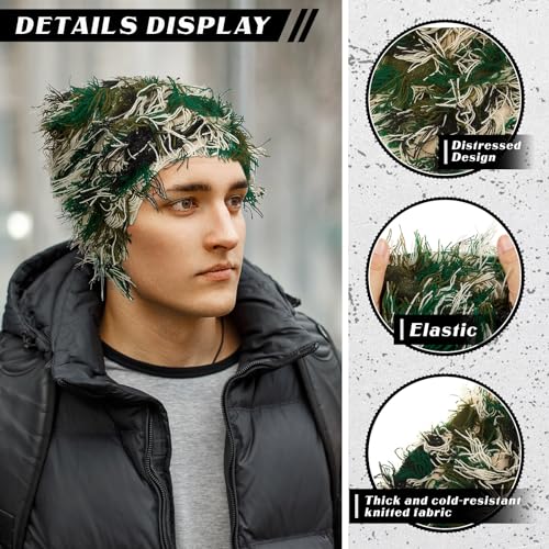 Chuarry Distressed Knitted Beanie Fuzzy Winter Hat - color: Assorted Army Green