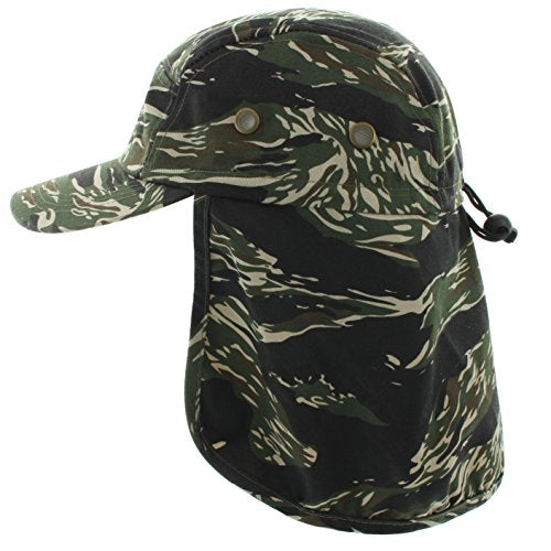 JFH 4 Panel Adjustable Outdoors Fishing Cap with Ear and Neck Flap Sun Cover Unisex - color: Tiger Camo
