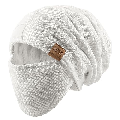 REDESS Beanie Hat for Men and Women Winter Warm Hats Knit Slouchy Thick Skull Cap with Face Cover - color: White