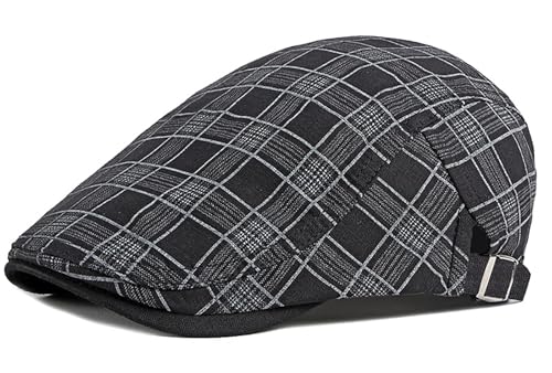 DIYDECAL Plaid Newsboy Hats Retro Flat Cap Gatsby Cabbie Driving Hat for Mens Womens - color: Black