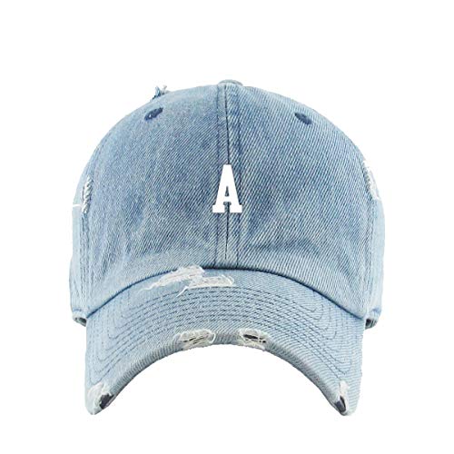 A Initial Letter Vintage Baseball Cap Embroidered Cotton Adjustable Distressed Dad Hat - color: Light Denim