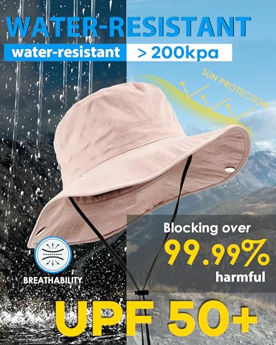 Wide Brim Waterproof Bucket Rain Hat for Women Men UPF50+ Cowboy Sun Hat - color: Blush Pink