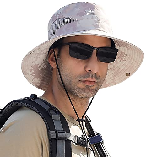 Sun Hats for Men Women UPF 50+ Wide Brim Bucket Hat Waterproof Packable Cowboy Hat for Fishing Beach Safari Gardening Golf - color: Camo Beige