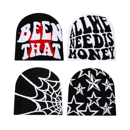 Y2K Beanie for Men Women Cross Graphic Knitted Hat, Slouchy Winter Warm Cap, Grunge Goth Cyber Aesthetics, Black - color: Black-red-white2