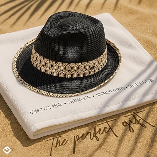 Funky Junque Short Brim Fedora Packable Sun Hat for Women - color: Black/Natural