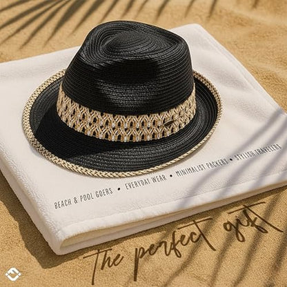 Funky Junque Short Brim Fedora Packable Sun Hat for Women - color: Black/Natural