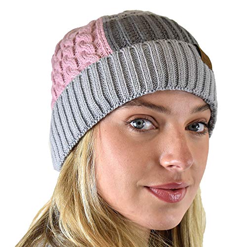 C.C Winter Warm Multi Knit Tricolor Skull Cap Cuff Beanie - color: Rose/Light Melange Gray