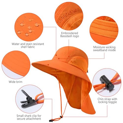 BASSDASH UPF 50+ Unisex Water Resistant Wide Brim Sun Hat with Large Neck Flap Ponytail Fishing Hat for Men Women - color: Orange