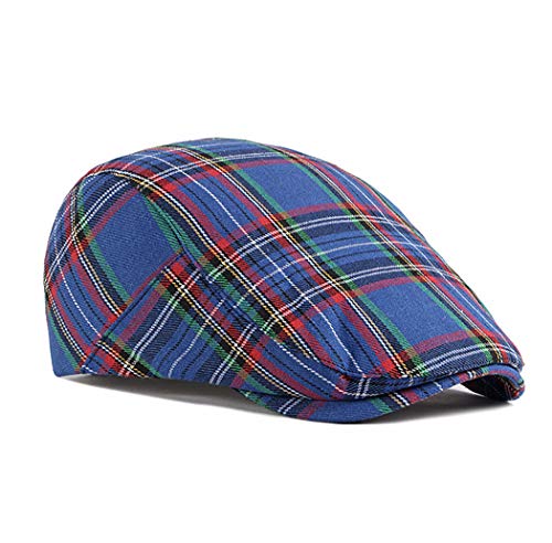 Gudessly Mens Adjustable Colorful Striped Plaid Ivy Newsboy Cabbie Gatsby Golf Cap Flat Cotton Hat Thin Cap - color: T-blue
