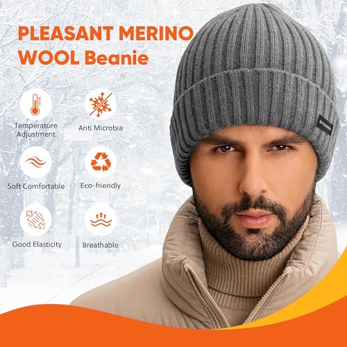 Winter Beanie Merino Wool Fleece Lined for Men Women Soft Warm Knit Hat Ski Stocking Cuffed Cap - color: Grey
