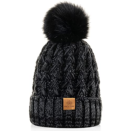 PAGE ONE Womens Winter Ribbed Beanie Crossed Cap Chunky Cable Knit Pompom Soft Warm Hat - color: Mixed Black