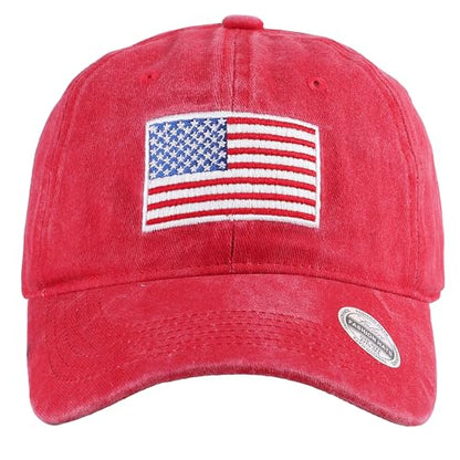 Falari USA Flag Embroidered Baseball Cap, Low Profile Adjustable Dad Hat, 100% Cotton, Pre-Washed - color: Red