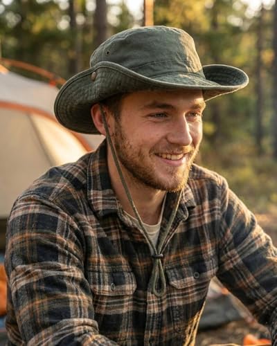 Zylioo XXL Boonie Hat for Big Heads, Wide Brim Sun Hat with Chin Strap - color: Army Green, size: X-Large-XX-Large