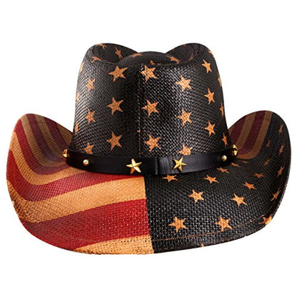 grinderPUNCH Straw Cowboy Hat for Men Women Western Cowgirl Outback Sun Hat - color: Antique Flag