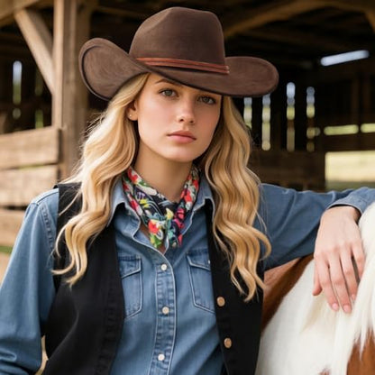 DRESHOW Cowboy Hat for Women and Men Wide Brim Western Cowboy Cowgirl Hat with Belt Buckle Unisex Rolled up Caps - color: Deep Coffee