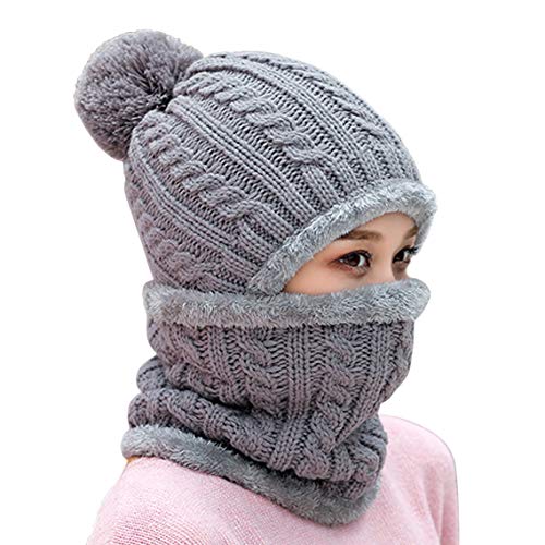 HUAMULAN Women Winter Knit Beanie Hats One Piece Fleece Lined Balaclavas - color: M8863-gray