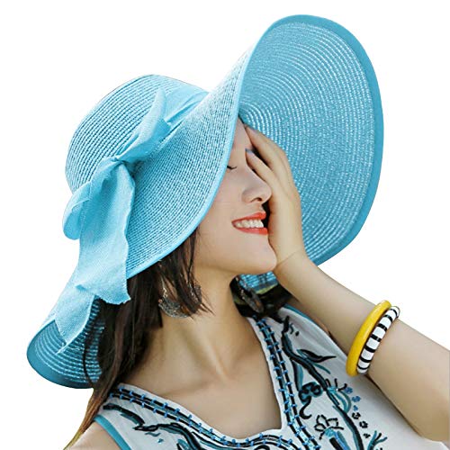 FSIGOM Women's Folable Floppy Hat,Wide Brim Sun Protection Straw Hat, Summer UV Protection Beach Cap - color: C1-f-blue, size: Medium
