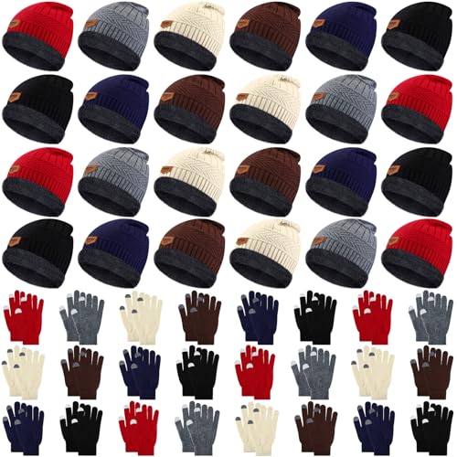 Vabean 48 Set Winter Beanie Touchscreen Gloves Knit Hat Set,Colorful