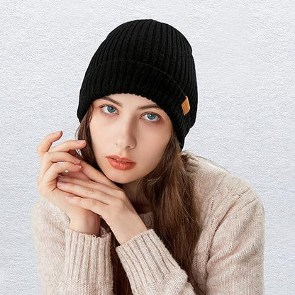 100% Merino Wool Cuff Beanie Hat, Unisex Warm Winter Caps Soft, Breathable & Cozy Stretchy Knitted Cuffed Cap - color: Black