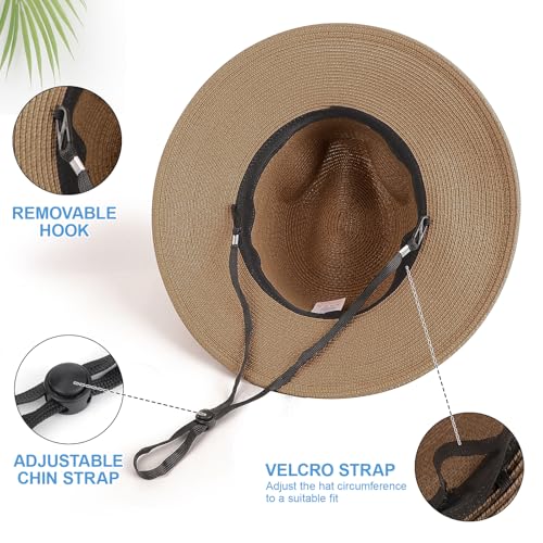 DRESHOW Women Straw Panama Hat Travel Fedora Beach Sun Hat Summer Wide Brim Straw Roll up Hat UPF 50+ - color: Straw Hat With Braided Band: Coffee