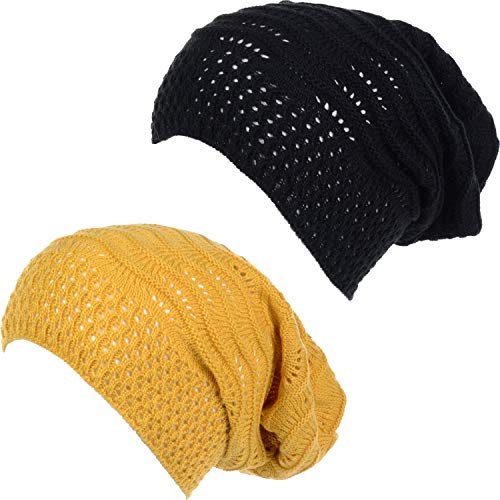 BYOS Women's Airy Cool Lightweight Cutout Long Slouchy Crochet Knit Beanie Hat - color: 2 Pack-wavy Line Mustard & Bk