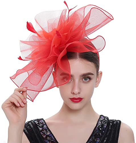 Women's Fascinators Hat for Women Tea Party Headband Wedding Cocktail Flower Mesh Feathers Hair Clip - color: 01 Red