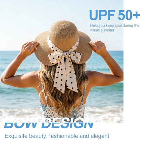 DRESHOW Sun Hats for Women Travel Fedora Foldable Beach Sun Hat Summer Wide Brim Straw Bucket Hat with Bowknot UPF 50+ - color: 1 Pack Bowknot Straw Hat: Khaki (Beige Polka Dot Band)