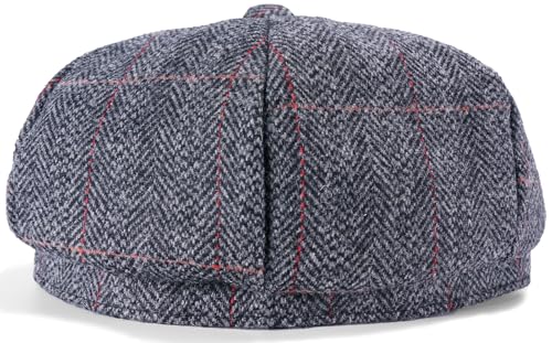 Mens Newsboy Cap High Woolen Tweed Gatsby Hat Ivy Cabbie Flat Golf Cap for Fathers Women Unisex - color: Herringbone Plaid Grey, size: 7 1/2-7 3/4