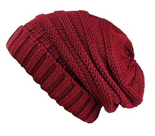 Triple M Plus Winter Chunky Soft Stretch Cable Knit Slouch Beanie Skully Ski Hat/Cap - color: Red