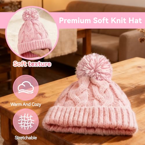 Slouchy Chunky Knit Beanie with Pom Pom - Cozy Winter Bobble Hat for Women and Men - color: Light Pink