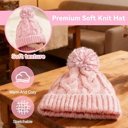 Slouchy Chunky Knit Beanie with Pom Pom - Cozy Winter Bobble Hat for Women and Men - color: Light Pink