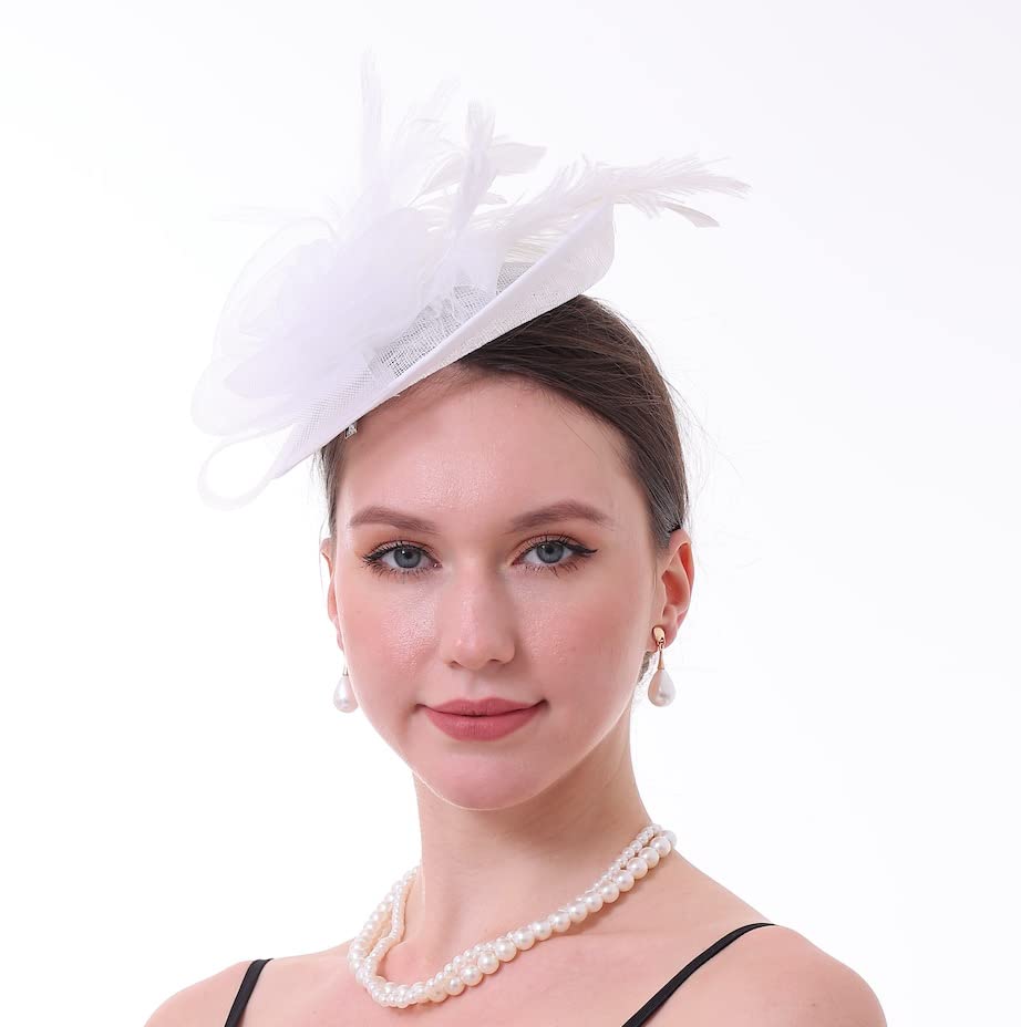 Fascinator Hat with Feather and Mesh – Floral Headpiece for Tea Party, Wedding, Cocktail Event - color: White