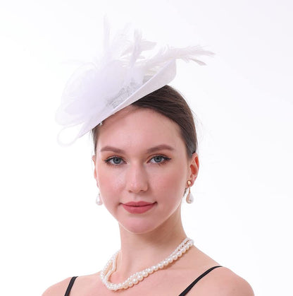 Fascinator Hat with Feather and Mesh – Floral Headpiece for Tea Party, Wedding, Cocktail Event - color: White