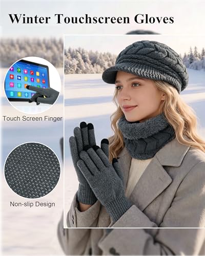 Loritta 3 in 1 Womens Winter Hat Gloves Scarf Set, Warm Hat Mittens - color: Dark Grey