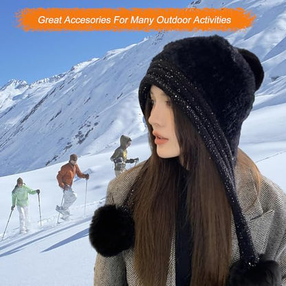 HUAMULAN Women Winter Sherpa Knit Beanie Hats with Pom Poms Ear Flaps - color: Black
