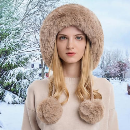 Womens Faux Fur Hat with Fluffy Pompom for Winter Fuzzy Knitted Beanies Skull Cap Warm Earflaps Cold Weather Cute Khaki
