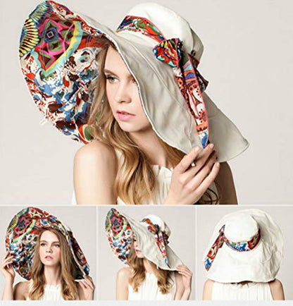 iHomey Packable Shapeable Extra Large Brim Floppy Sun Hat Reversible UPF 50+ Beach Sun Bucket Hat - color: A-beige