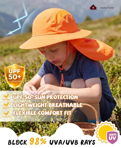 Home Prefer UPF 50+ Boys Sun Hat with Neck Flap Wide Brim Summer Beach Bucket Hat for Boys Girls Toddler Kids Safari Hat - color: Orange