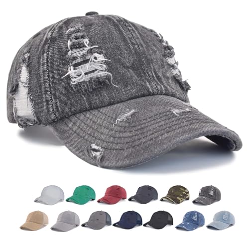 TSSGBL Unstructured Distressed Baseabll Cap Cotton Soft Dad Hat Adjustable Low Profile Headwear Ball Caps for Women Men - color: Distressed-denim-black, size: Medium-Large
