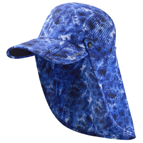 BASSDASH UPF 50+ Fishing Hat, Baseball Cap with Removable Neck Flap - color: Blue Camo With Foldable Brim