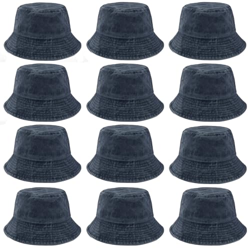 12 Pieces Vintage Washed Distressed Bucket Hat for Women Men Summer Twill Plain Bucket Cap - color: Navy